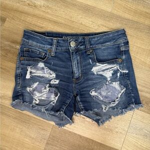 American Eagle Outfitters Distressed Blue Super Stretch Denim Shorts